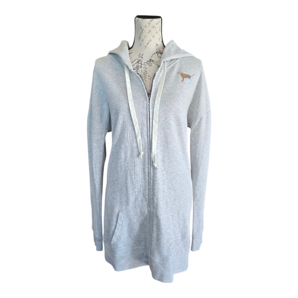 Pink Victoria's Secret Light Gray Zip Up Long Hoodie Sweatshirt Jacket M - Picture 1 of 8